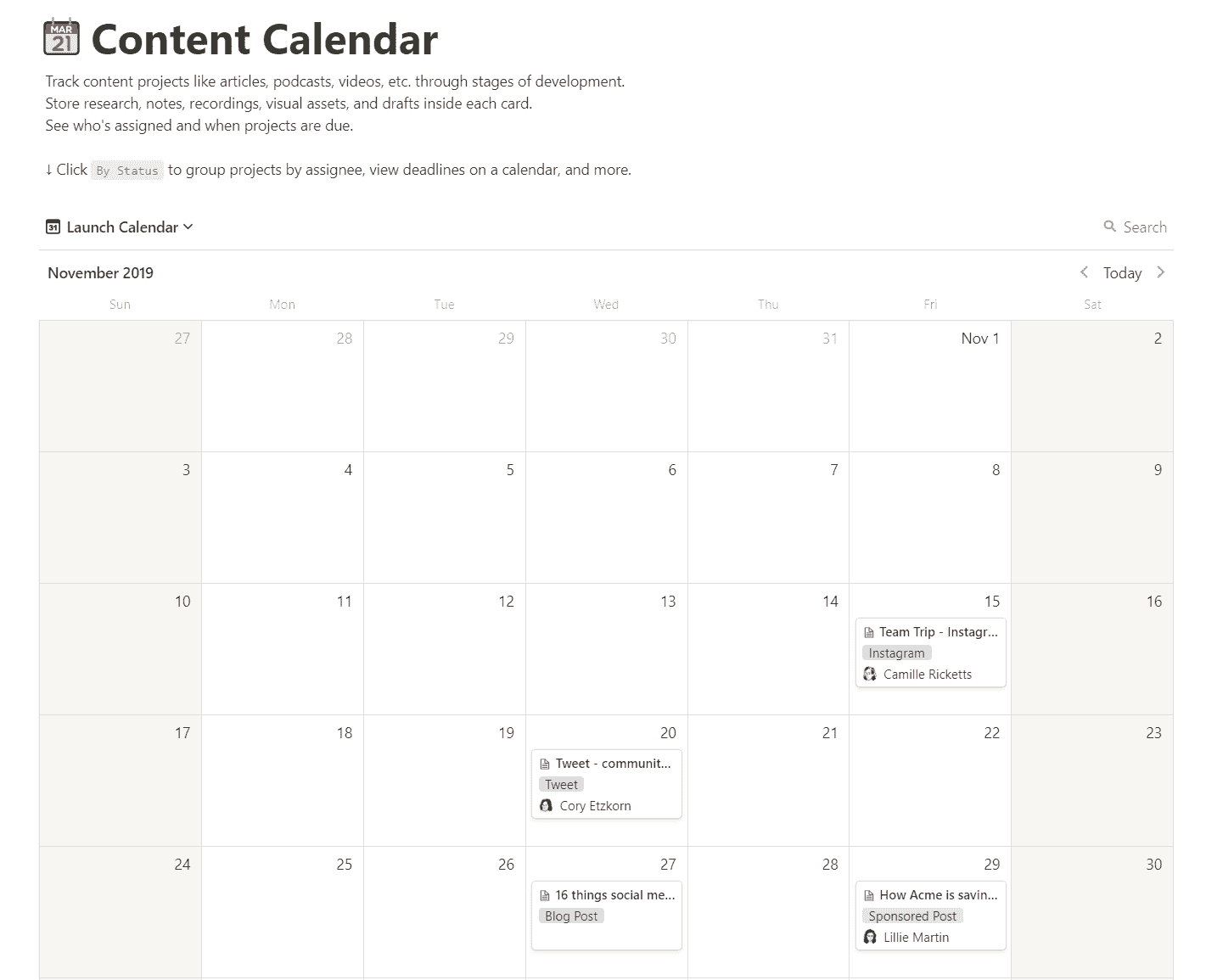 Notion Calendar表示の例